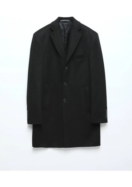 Siyah Regular Fit Kelebek Yaka Klasik Dokuma Palto