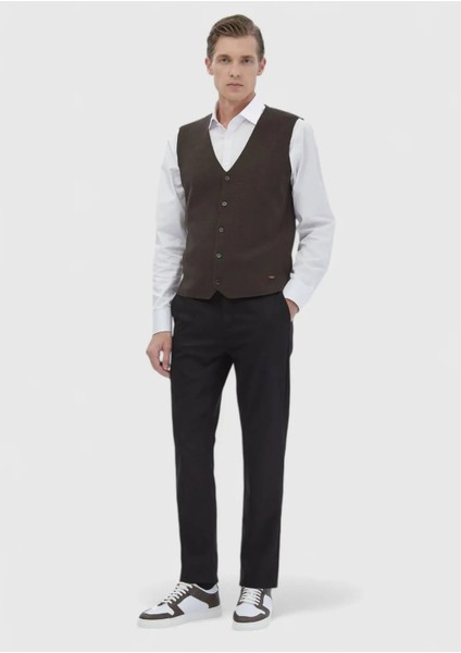 Kahverengi Regular Fit V Yaka Casual Örme Triko Yelek fiyatları
