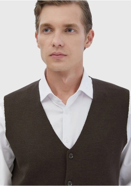 Kahverengi Regular Fit V Yaka Casual Örme Triko Yelek modelleri