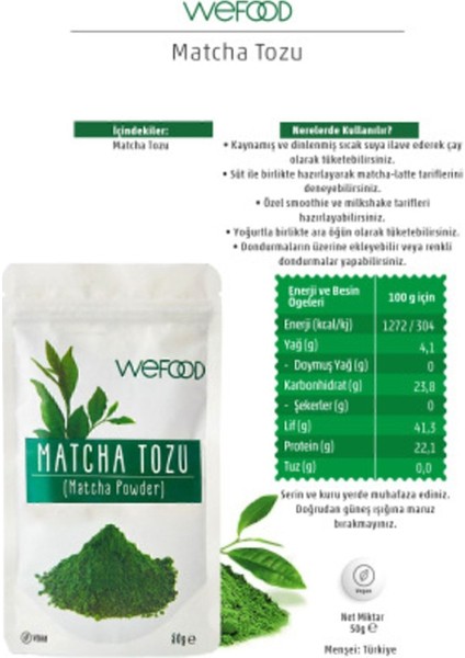 Matcha Tozu 50 gr %100 Doğal Katkısız Koruyucusuz Antioksidan Vitamin ve Mineral Kaynağı