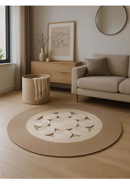 Jutella Hasır Krem Ortası Kurabiyeli Jüt Hasır Yuvarlak Modern Salon Banyo Kilim Halı Paspas Yolluk