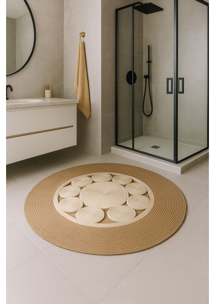Jutella Hasır Krem Ortası Kurabiyeli Jüt Hasır Yuvarlak Modern Salon Banyo Kilim Halı Paspas Yolluk fiyatları