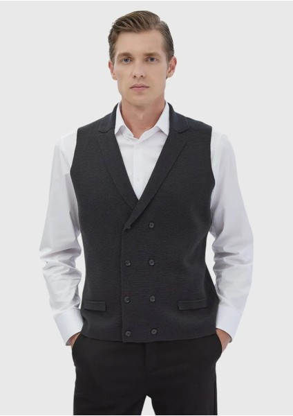 Antrasit Regular Fit Kelebek Yaka Casual Örme Triko Yelek