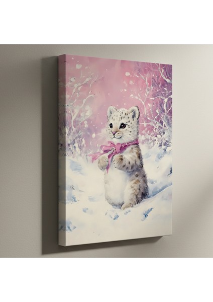 Pembe Kış Karında Sevimli Kar Leoparı Yavrusu Tablosu