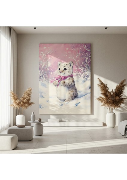 Pembe Kış Karında Sevimli Kar Leoparı Yavrusu Tablosu fırsatları