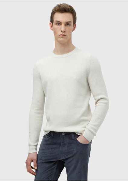 Ekru Bisiklet Yaka Düz Örgü Yün Karışımlı Triko Kazak