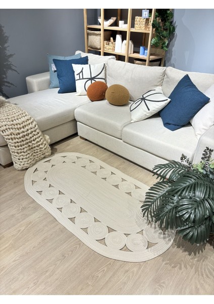 Krem Jüt Hasırlı El Örgüsü Kilim