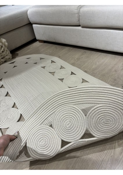 Krem Jüt Hasırlı El Örgüsü Kilim