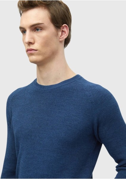 Koyu Indigo Bisiklet Yaka Jakarlı Yün Karışımlı Triko Kazak modelleri