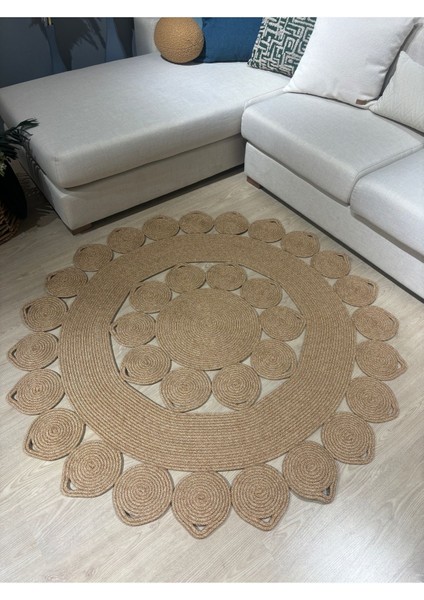Nüans Jüt Hasırlı El Örgüsü Kilim Halı Hasır Yuvarlak