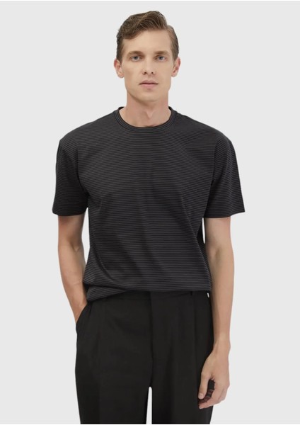 Siyah Çizgili Bisiklet Yaka %100 Pamuk T-Shirt