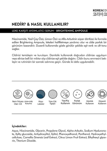 Ampul: Tüm Cilt Tipleri İçin Leke Karşıtı ve Cilt Tonunu Eşitleyen, Arbutin ve Niacinamide İçeren Ürün