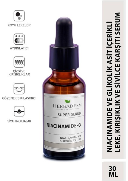 Süper Serum: Tüm Cilt Tipleri İçin Leke, Kırışıklık ve Sivilce Karşıtı - %15 Niacinamide ve %5 Glikolik Asit, 30 ml