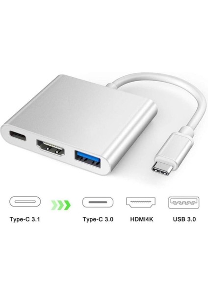 Macbook Uyumlu 4K Full Hd 1080P Type C To 3 Portlu HDMI - USB 3.0 - Pd Çevirici Hub Adaptör