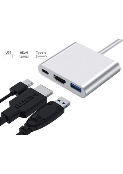 Macbook Uyumlu 4K Full Hd 1080P Type C To 3 Portlu HDMI - USB 3.0 - Pd Çevirici Hub Adaptör