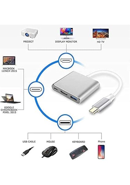 Macbook Uyumlu 4K Full Hd 1080P Type C To 3 Portlu HDMI - USB 3.0 - Pd Çevirici Hub Adaptör