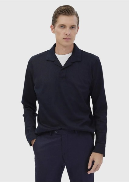 Lacivert Polo Yaka Jakarlı Sweatshırt