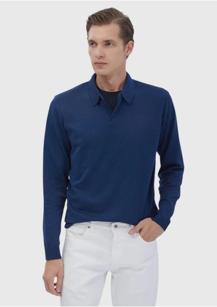 Indigo Polo Yaka Düz Sweatshırt