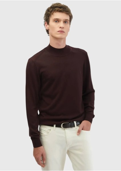 Bordo Bato Yaka Düz Örgü Yün Karışımlı Triko Kazak modelleri