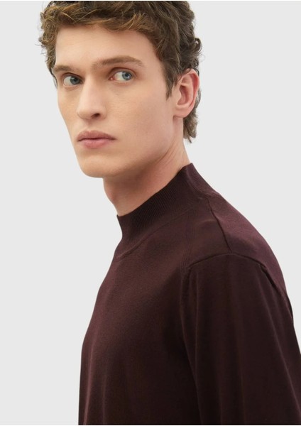 Bordo Bato Yaka Düz Örgü Yün Karışımlı Triko Kazak fırsatları