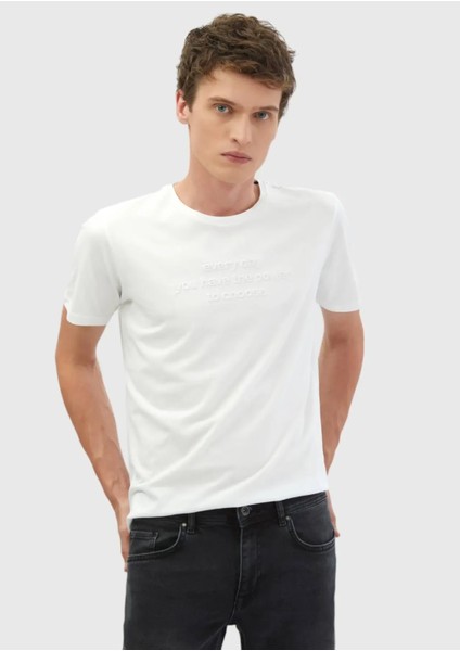 Beyaz Baskılı Bisiklet Yaka %100 Pamuk T-Shirt