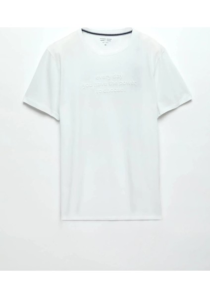 Beyaz Baskılı Bisiklet Yaka %100 Pamuk T-Shirt indirimleri