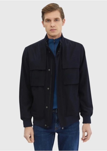 Lacivert Regular Fit Dik Yaka Casual Dokuma Mont modelleri