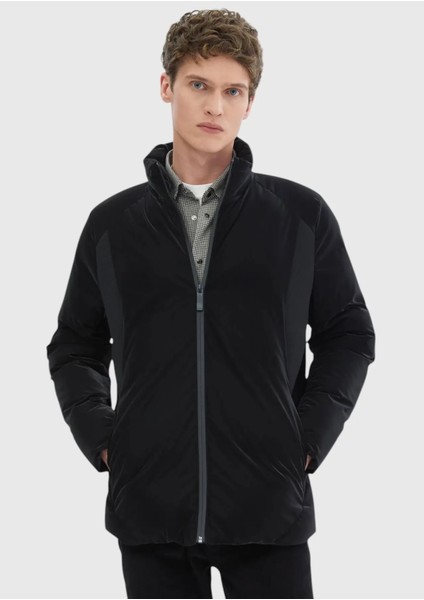 Siyah Regular Fit Dik Yaka Casual Dokuma Mont