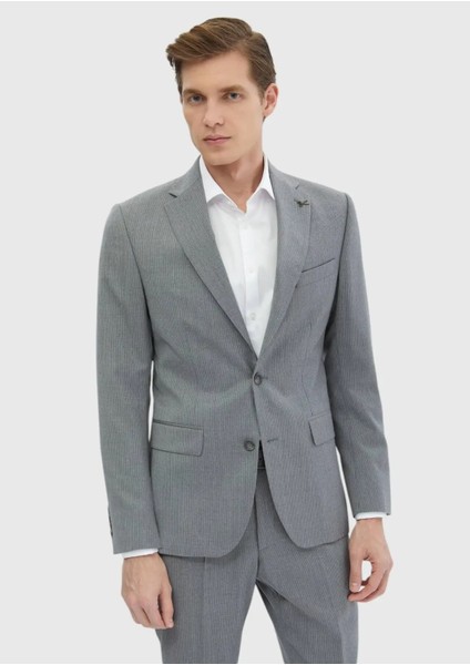 Gri Çizgili Zeroweight Slim Fit %100 Yün Takım Elbise