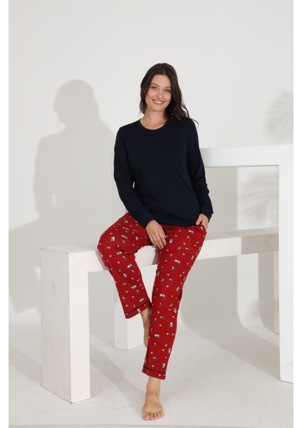 %100 Pamuk Uzun Kol Manşetli Cepli Kadın Pijama Takımı 98515-516