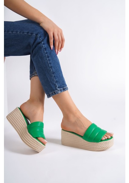 Jet-Reına Dolgu Topuklu Ortopedik Taban Hasır Görünümlü Kadın Terlik Ckt - Yeşil fiyatları
