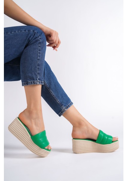 Jet-Reına Dolgu Topuklu Ortopedik Taban Hasır Görünümlü Kadın Terlik Ckt - Yeşil modelleri