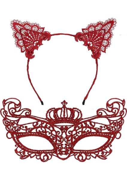 Bfs Lüks Kırmızı Dantel Taçlı Maske Seti 2 No - Parti, Balo, Kostüm Aksesuarı