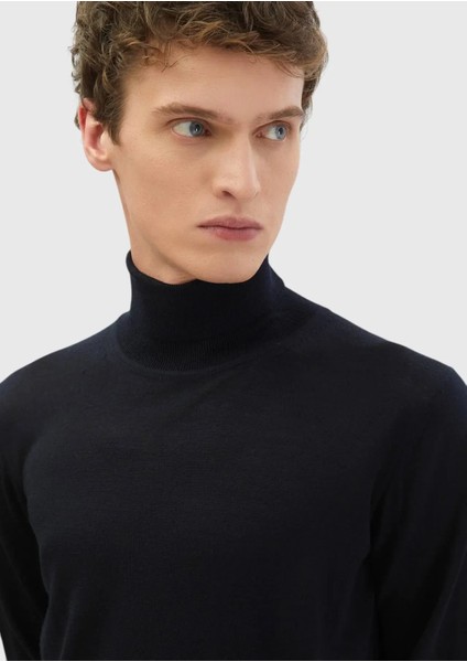 Lacivert Tam Balıkçı Yaka Düz Örgü Ipek Karışımlı Triko Kazak indirimleri