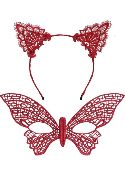Bfs Gösterişli Kırmızı Dantel Maske ve Taç Seti 7 No – Masquerade ve Davetler Için
