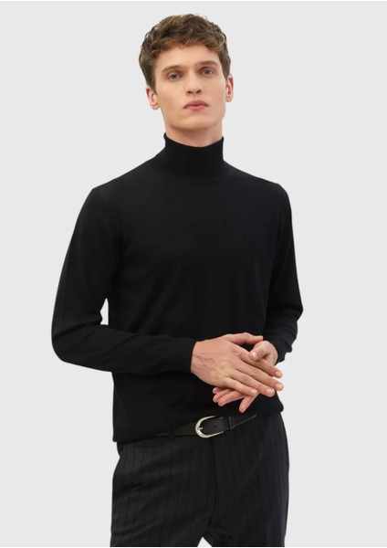 Siyah Tam Balıkçı Yaka Düz Örgü Ipek Karışımlı Triko Kazak modelleri