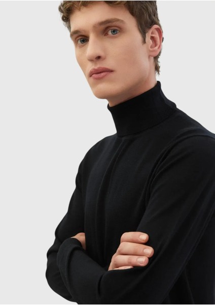 Siyah Tam Balıkçı Yaka Düz Örgü Ipek Karışımlı Triko Kazak indirimleri