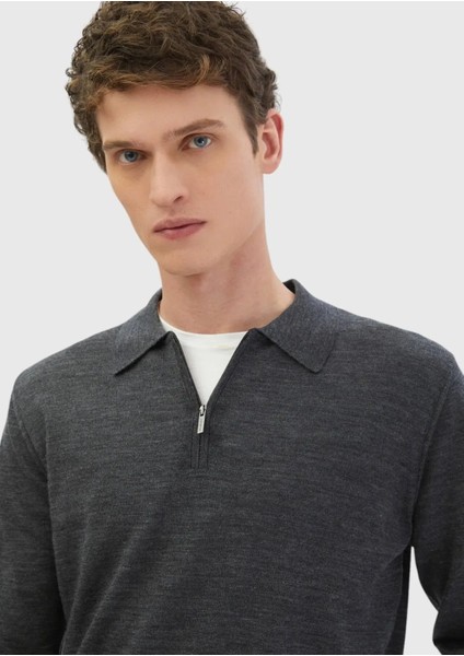Antrasit Polo Yaka Düz Örgü %100 Yün Triko Kazak modelleri