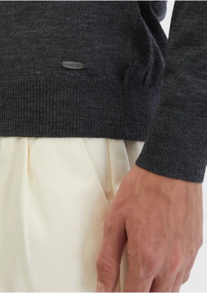 Antrasit Polo Yaka Düz Örgü %100 Yün Triko Kazak indirimleri