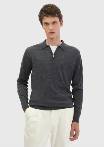Antrasit Polo Yaka Düz Örgü %100 Yün Triko Kazak