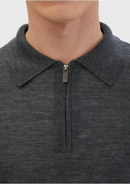 Antrasit Polo Yaka Düz Örgü %100 Yün Triko Kazak fırsatları