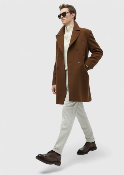 Deve Tüyü Regular Fit Kruvaze Yaka Casual Dokuma Palto