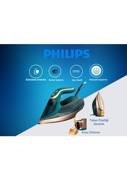 Kireç Önleme Sistemi, 200 Gr/dk Şok Buharı ile Azur 8000 Serisi 3000 W Buharlı Ütü DST8030/70