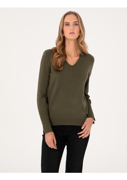 Kadın Haki Slim Fit Basic Kazak 50310915-VR027