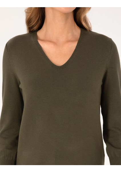 Kadın Haki Slim Fit Basic Kazak 50310915-VR027