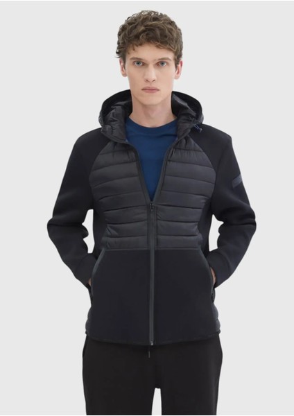 Siyah Regular Fit Kapüşonlu Denim Dokuma Mont