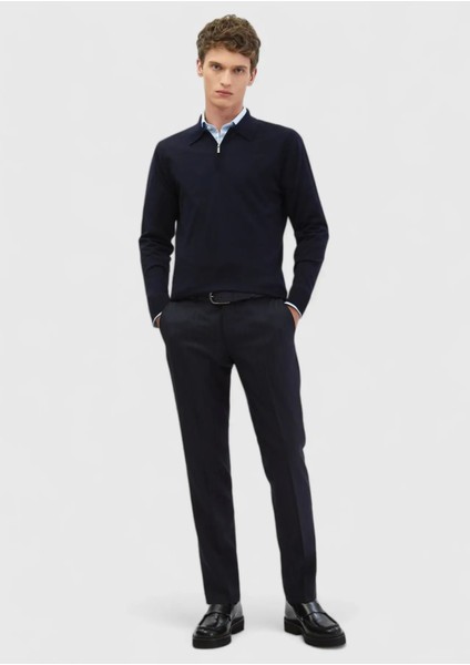 Lacivert Polo Yaka Düz Örgü %100 Yün Triko Kazak fiyatları