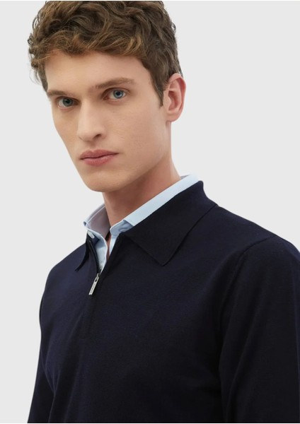 Lacivert Polo Yaka Düz Örgü %100 Yün Triko Kazak fırsatları