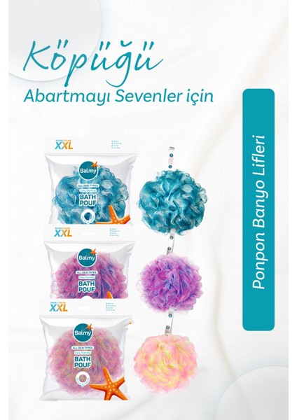 Yumuşak Pon Pon Banyo Lifi Seti - Cilde Zararlı Olmayan 3'lü XXL Mavi fiyatları