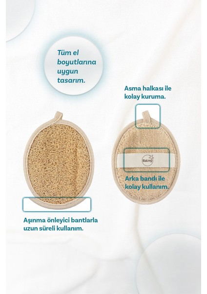 Doğal Kabak Lifi ve Pamuk İpli Oval Beyaz Banyo Kesesi 1 Adet Yüz ve Vücut Temizliği